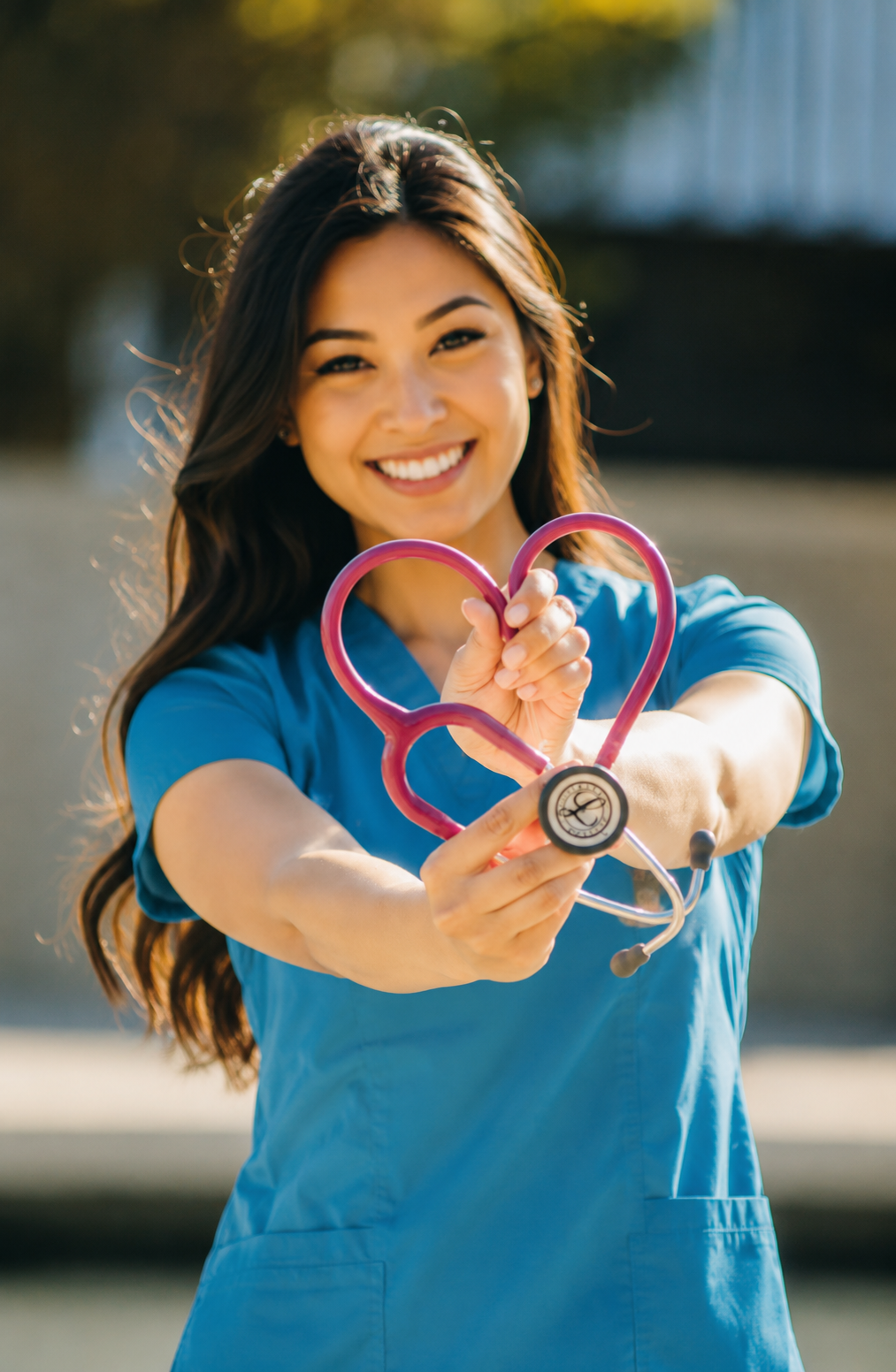 Smiling new graduate nurse in scrubs holding a stethoscope shaped like a heart