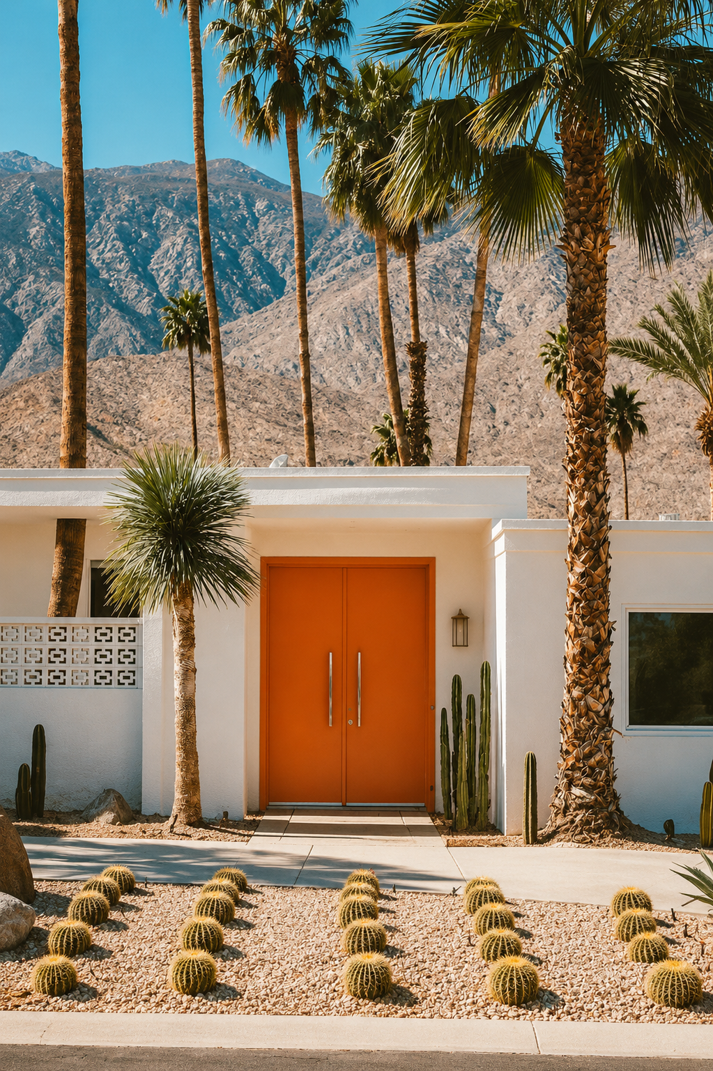 Mid-century modern home with a bright orange door framed by palm trees and desert mountains