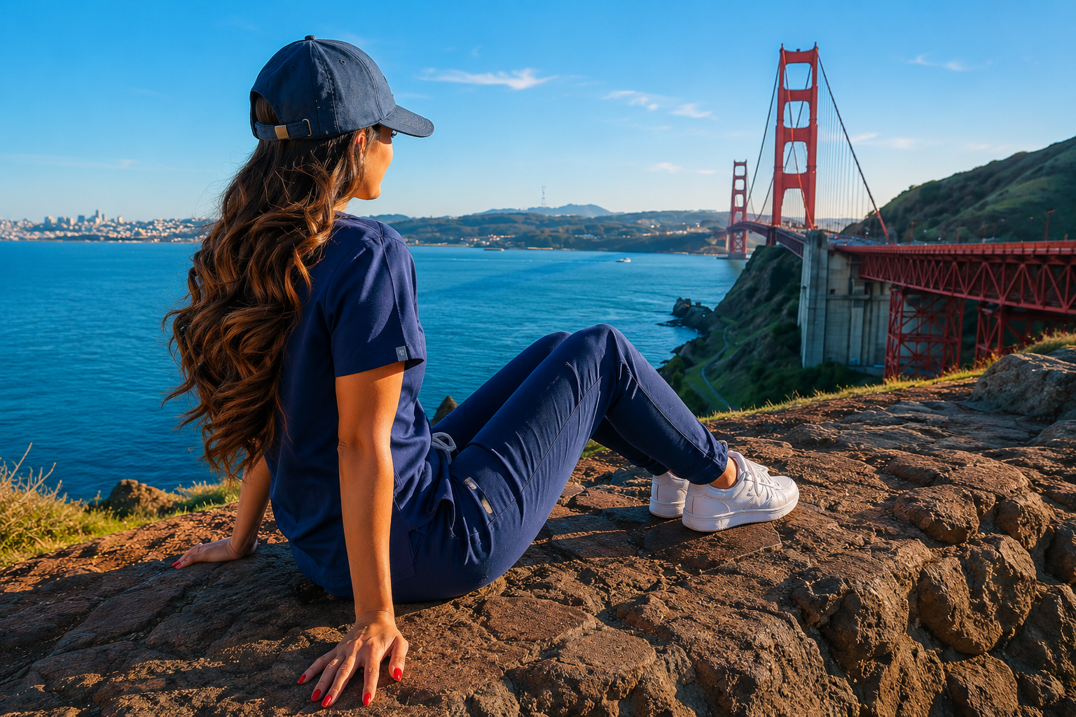 Travel nurse in scrubs sitting on a rocky overlook facing the Golden Gate Bridge