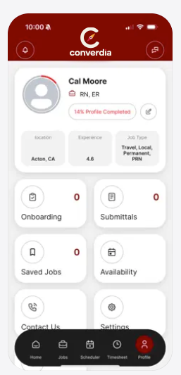 Converdia mobile app showing the dashboard and profile